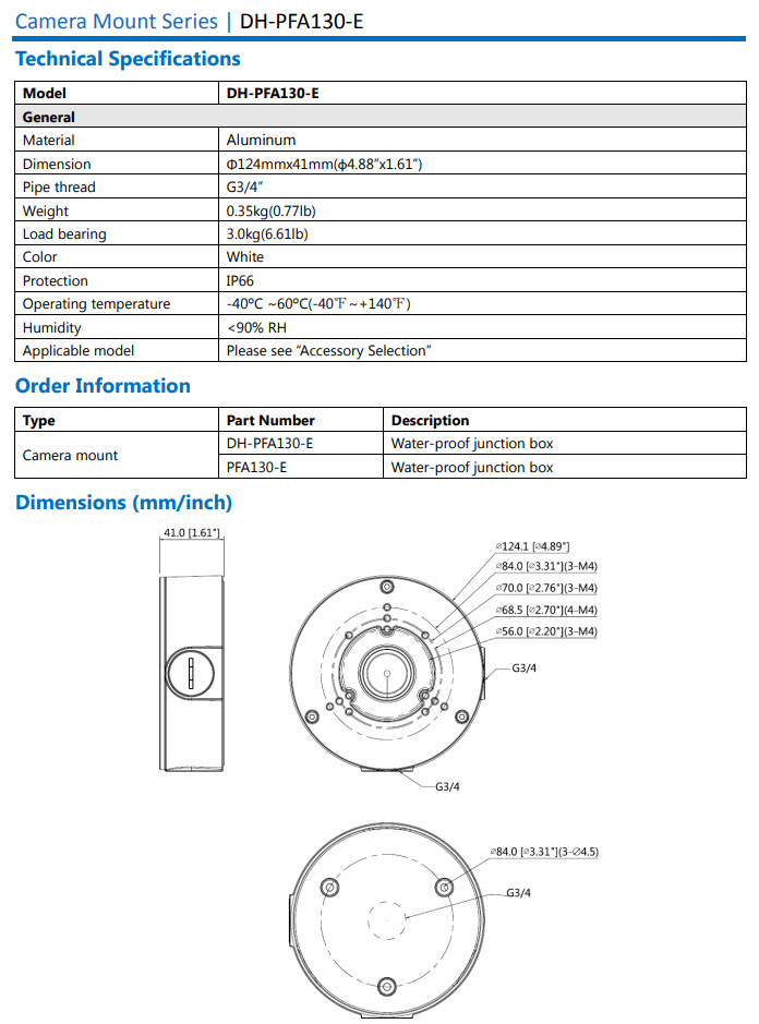 กล่องยึดกล้องวงจรปิด Dahua รุ่น DH-PFA130-E